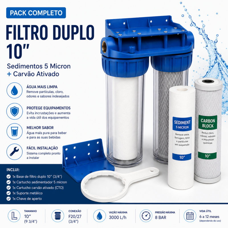Pack Filtro Duplo 10" – Sedimentos 5 Micron + Carvão Ativado (3/4")
