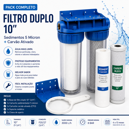 Pack Filtro Duplo 10" – Sedimentos 5 Micron + Carvão Ativado (3/4")