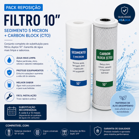 Pack Reposição Filtro 10" – Sedimento 5 Micron + Carbon Block (CTO)