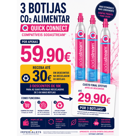 Pack 3 Botijas CO₂ Alimentar 425g QuickConnect Compatíveis SodaStream® + 30€ em Descontos de Reciclagem